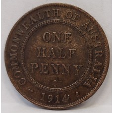 AUSTRALIA 1914 H . HALF 1/2 PENNY . DARK TONE